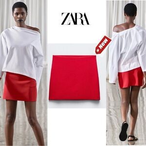 Zara red scuba effect high waisted mini skirt side zip closure Sz M NWT